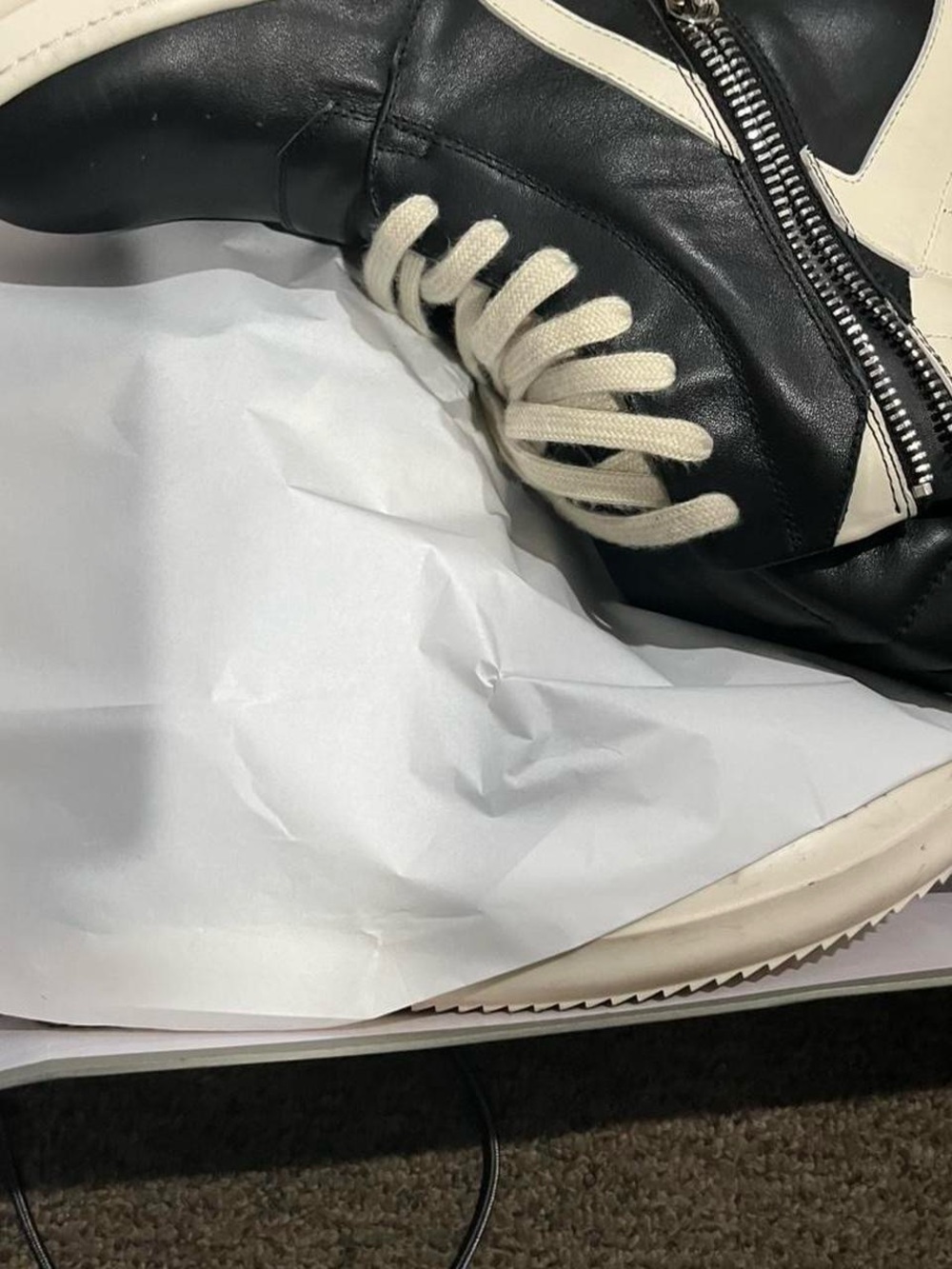Rick Owens Black and Off-White High-Top Leather Sneaker with Side Zip
